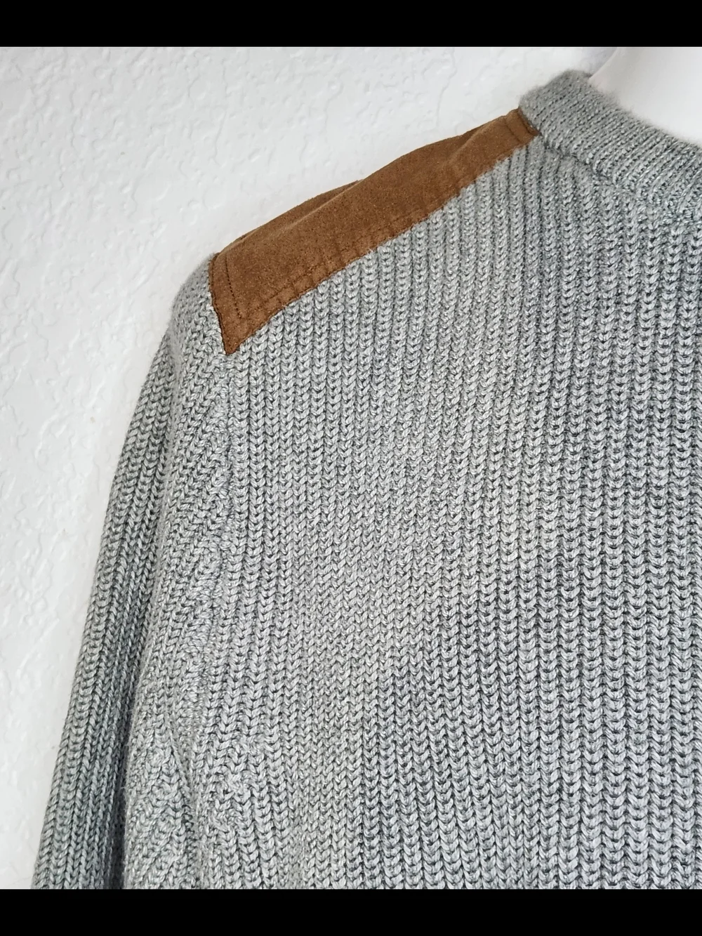 J. Crew Gray Crewneck Sweater with Brown Shoulder Patches